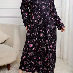 Galaxy Print Long Sleeve Round Neck Tee Sleep Dress