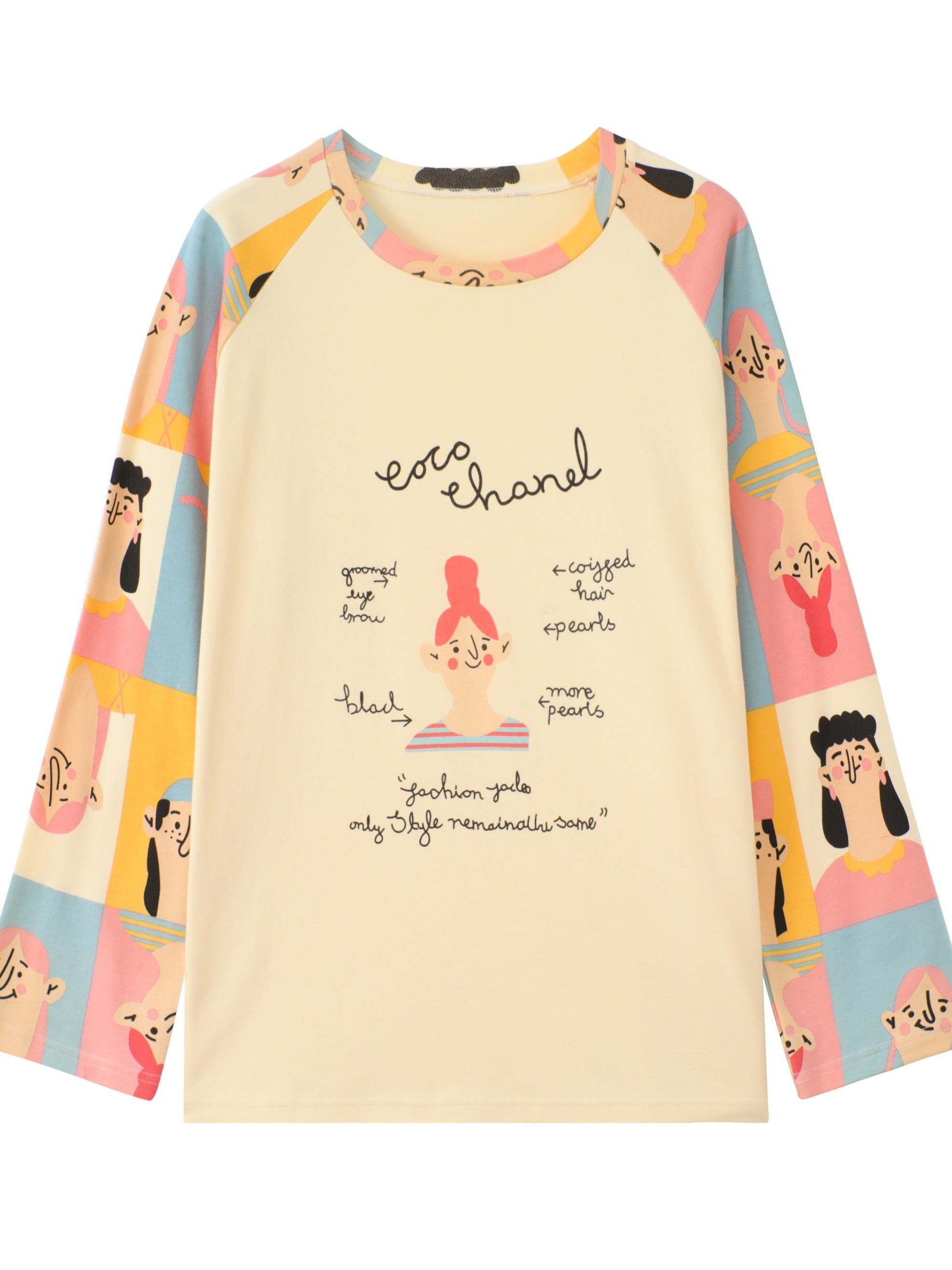 Cartoon Print Pajama Set Long Sleeve Crew Neck Top & Elastic Waistband Pants