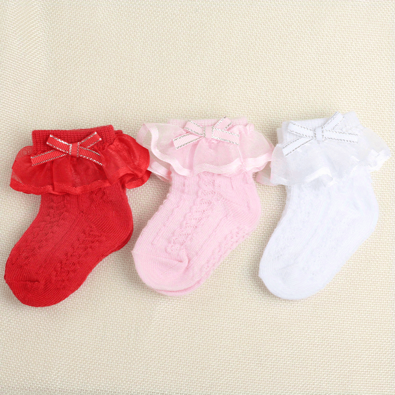 3 Pairs Baby Girl Lace Socks Silver Edge 0-6 Months