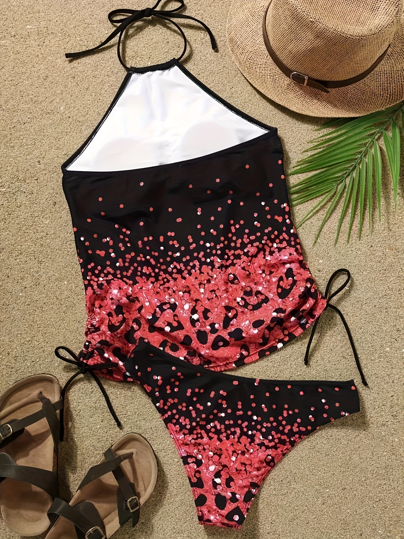 Glitter Tankini Set Lace Up Halter Cami Top Panty Swimsuit