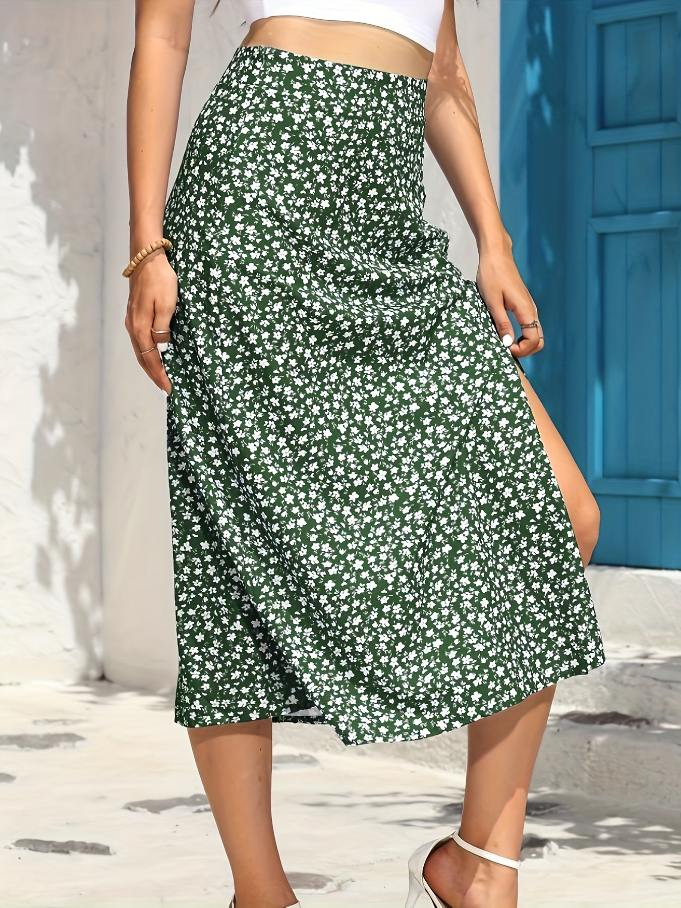Floral Print Midi Skirt with Side Slit for Summer & Spring