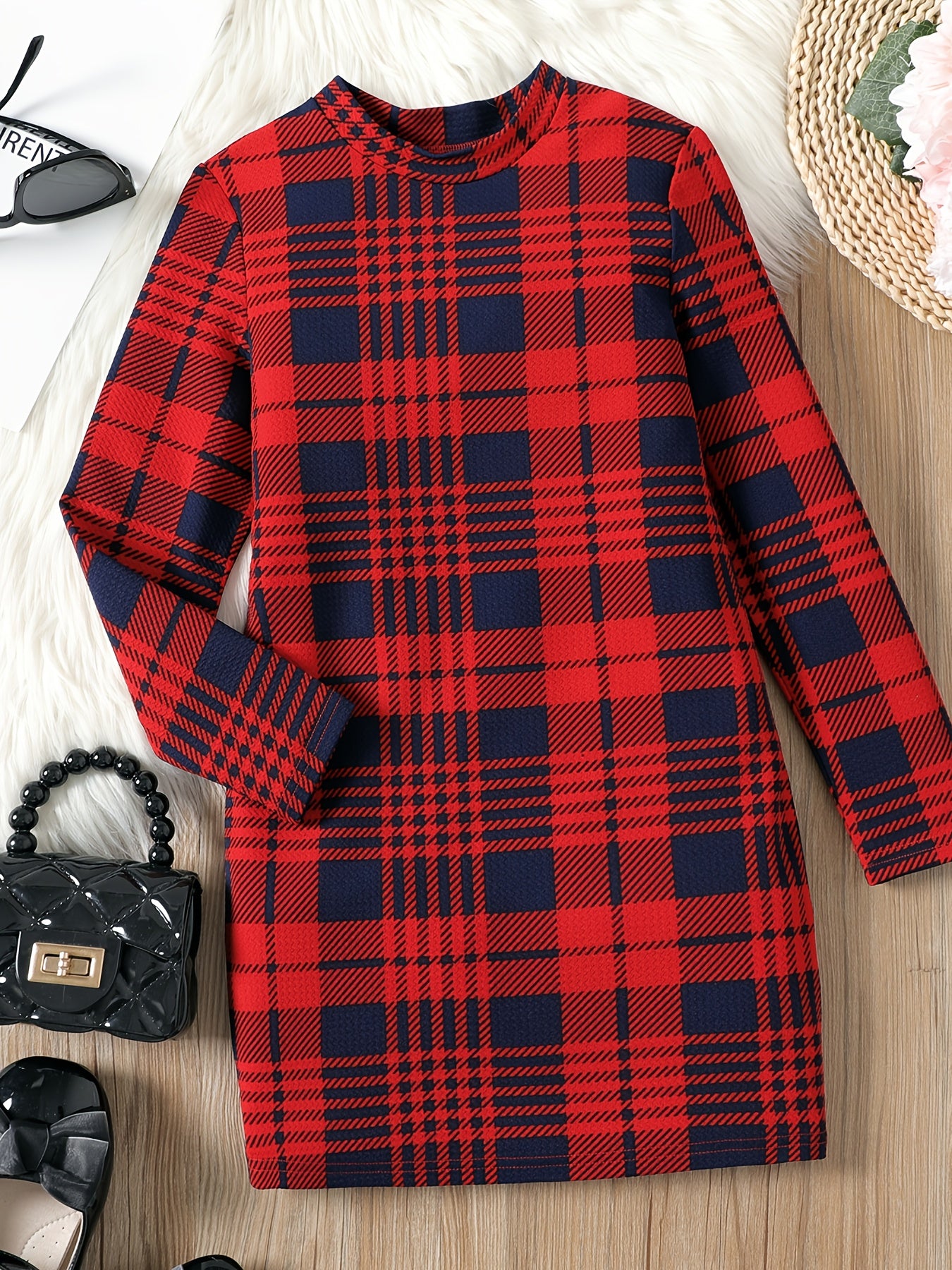Kid Girls' Plaid Stand Collar Dress For Party Going Out