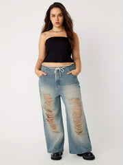 Y2K Jeans Women's Plus Distressed Ripped Raw Trim High Rise Wide Leg