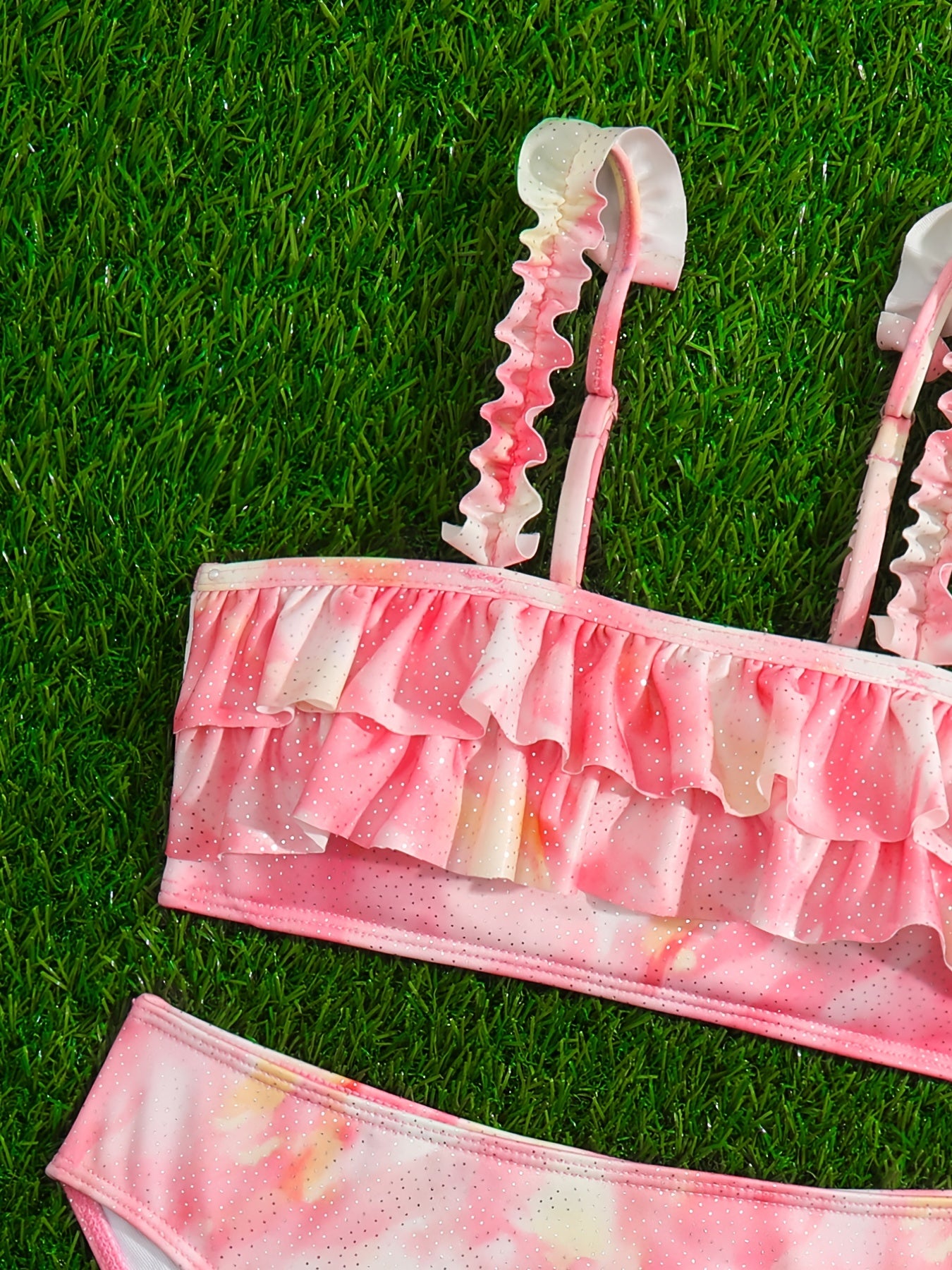 Girl's Tie Dye Bikini Set Ruffle Decor Sequin Cami Top & Briefs