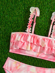 Girl's Tie Dye Bikini Set Ruffle Decor Sequin Cami Top & Briefs