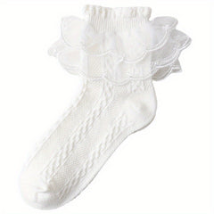 2Pairs Girls Lace Ruffle Princess Dance Socks Cotton Blend Kids Crew Socks