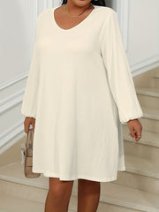 Solid Ribbed Lantern Sleeve V Neck Dress