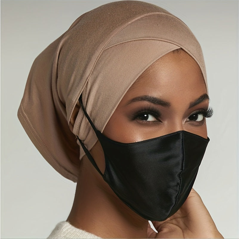 Solid Turban Cap Ear Loop Headwrap Casual Beanie Elastic Head Scarf