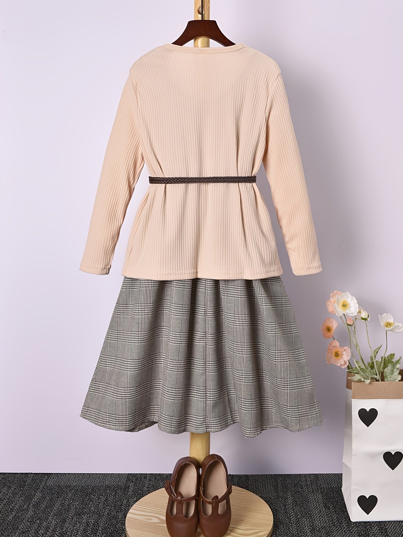 Girls Houndstooth Vest Dress & Apricot Ribbed Jacket Set