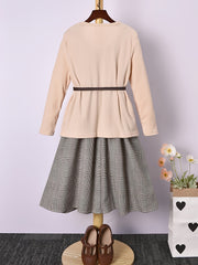 Girls Houndstooth Vest Dress & Apricot Ribbed Jacket Set