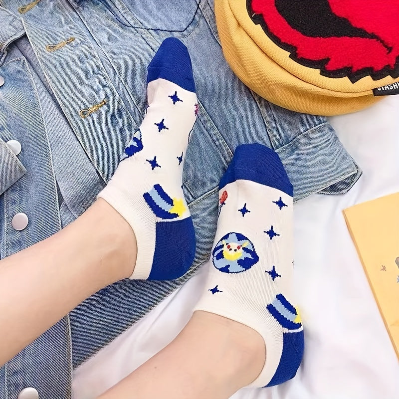 5 Pairs Cartoon Print Socks College Style Ankle Socks Women's Stockings