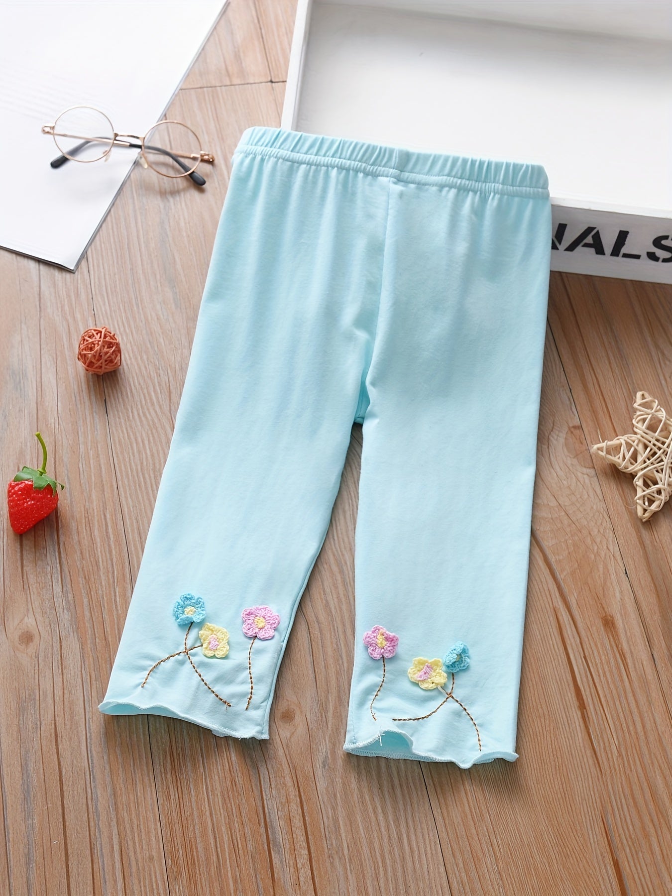 Girls Floral Embroidered Leggings Breathable Casual Pants Summer