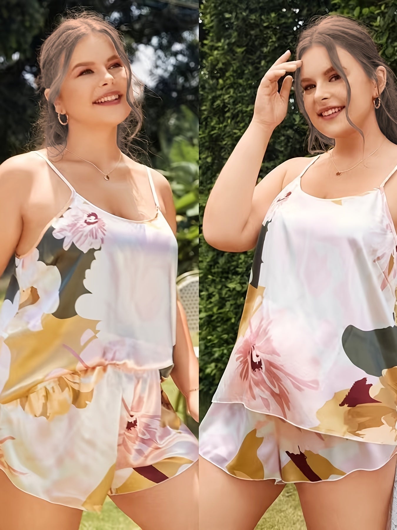 Floral Print Satin Cami Top & Shorts Pajama Set Plus Size