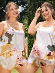 Floral Print Satin Cami Top & Shorts Pajama Set Plus Size