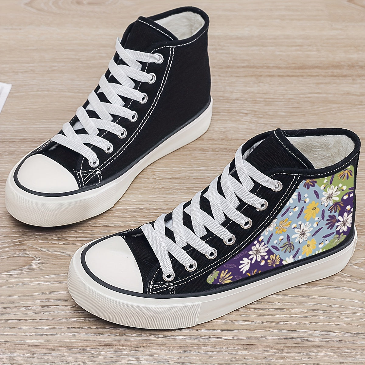 Girl's High Top Floral Skate Shoes Warm Plush Lining Non Slip Lace Up Sneakers