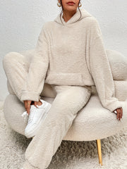 Solid Teddy Two piece Set Long Sleeve Hooded Tops & Warm Pants Outfits