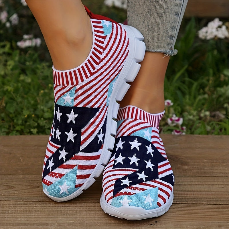 Women's American Flag Sock Shoes Breathable Knit Slip On Casual Walking Shoes