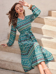 Argyle Print Midi Dress V Neck Lantern Sleeve Dress