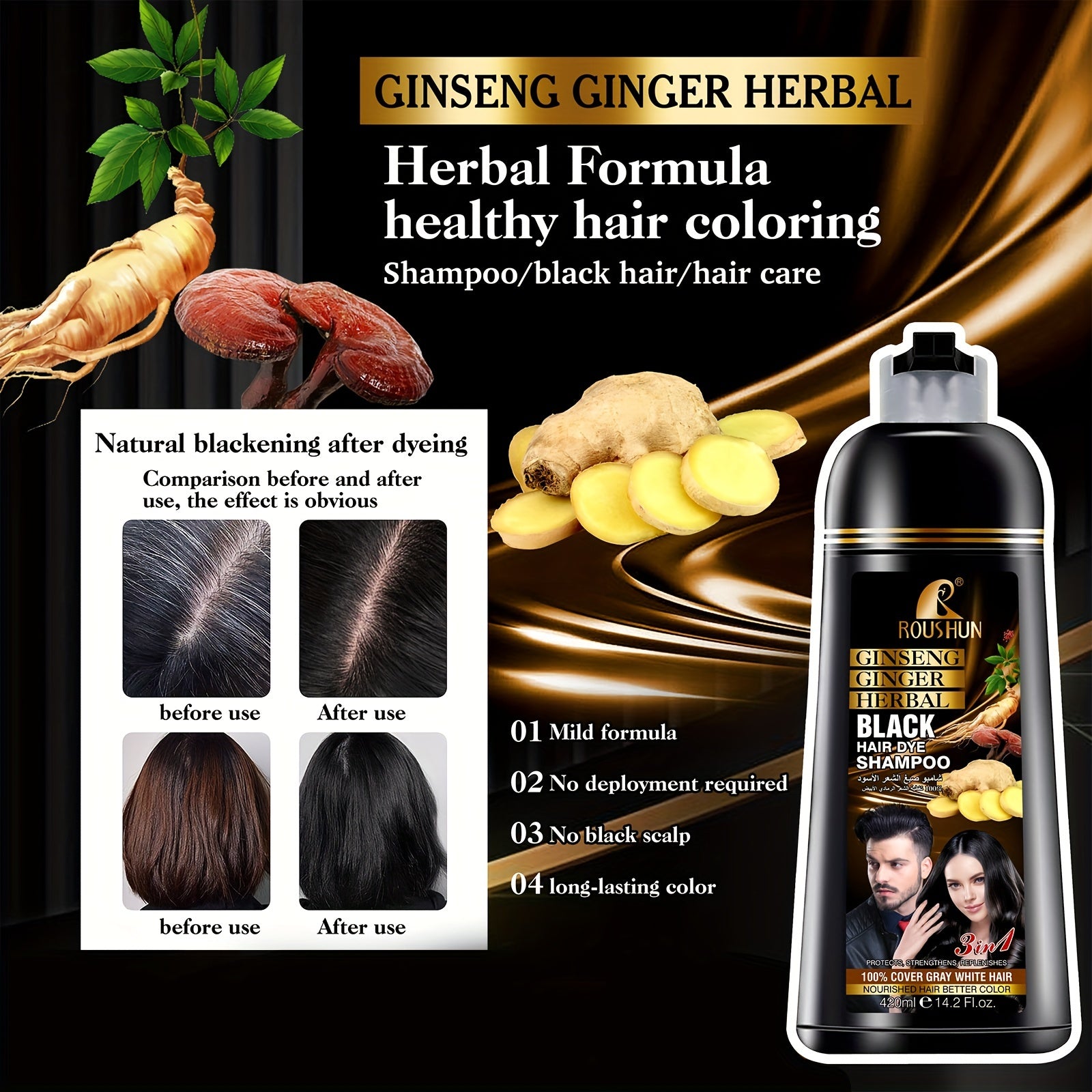 Gray Hair Instant Dye Shampoo 420ml Natural Long-Lasting Coloring