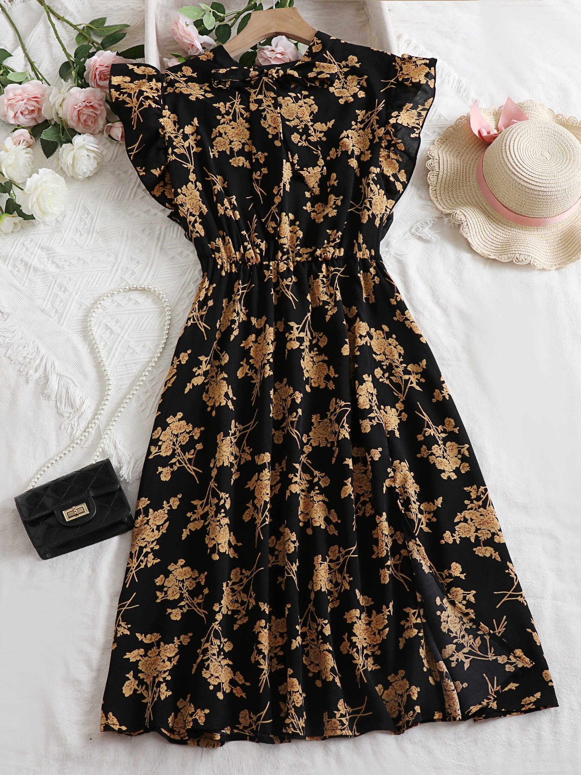Floral Print Ruffle Sleeve Bow Knot Dress