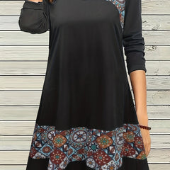 Geometric Print Long Sleeve V Neck Dress