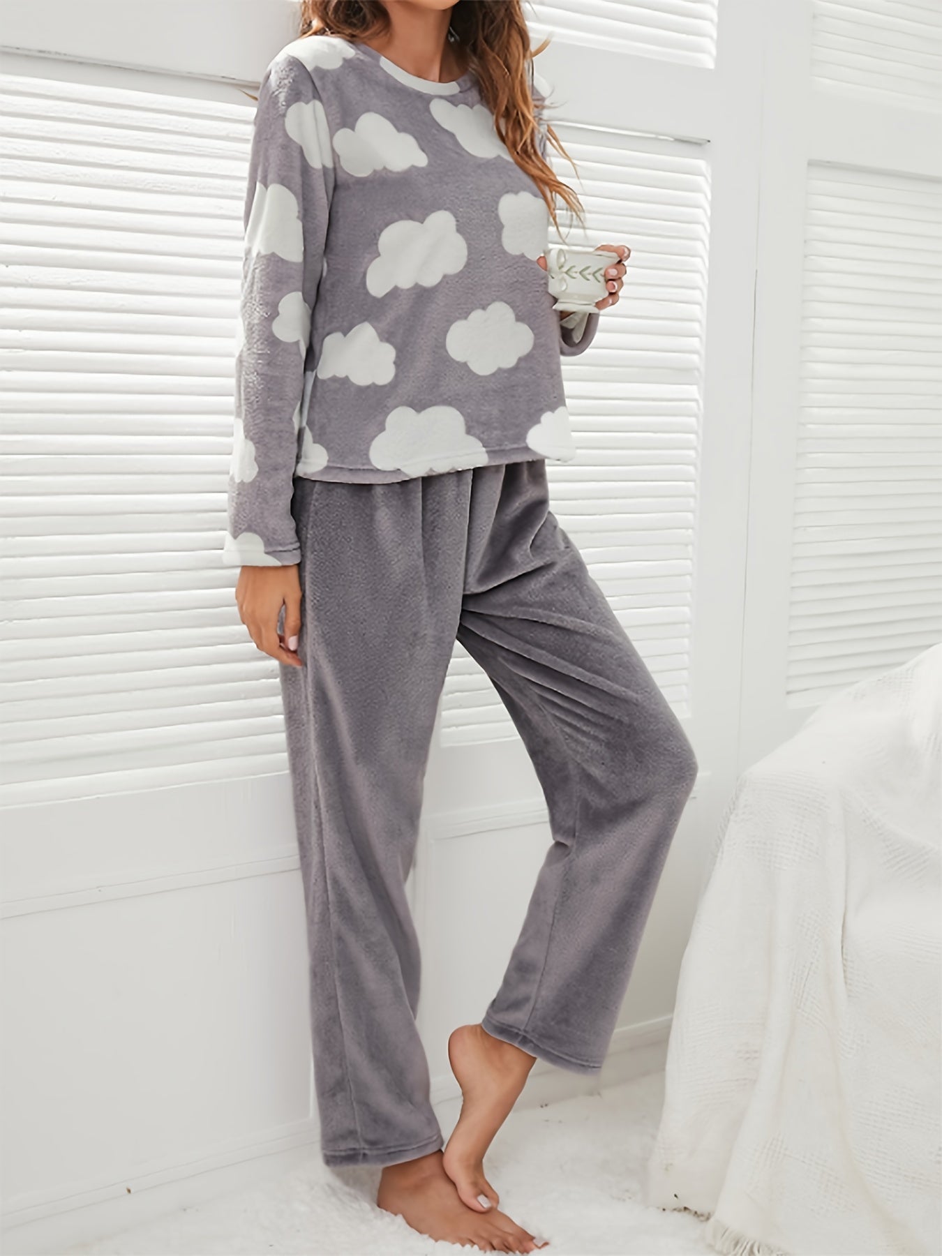 Cloud Print Fuzzy Pajama Set Long Sleeve Crew Neck Top & Elastic Waistband Pants