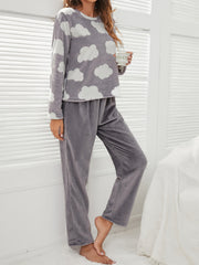 Cloud Print Fuzzy Pajama Set Long Sleeve Crew Neck Top & Elastic Waistband Pants