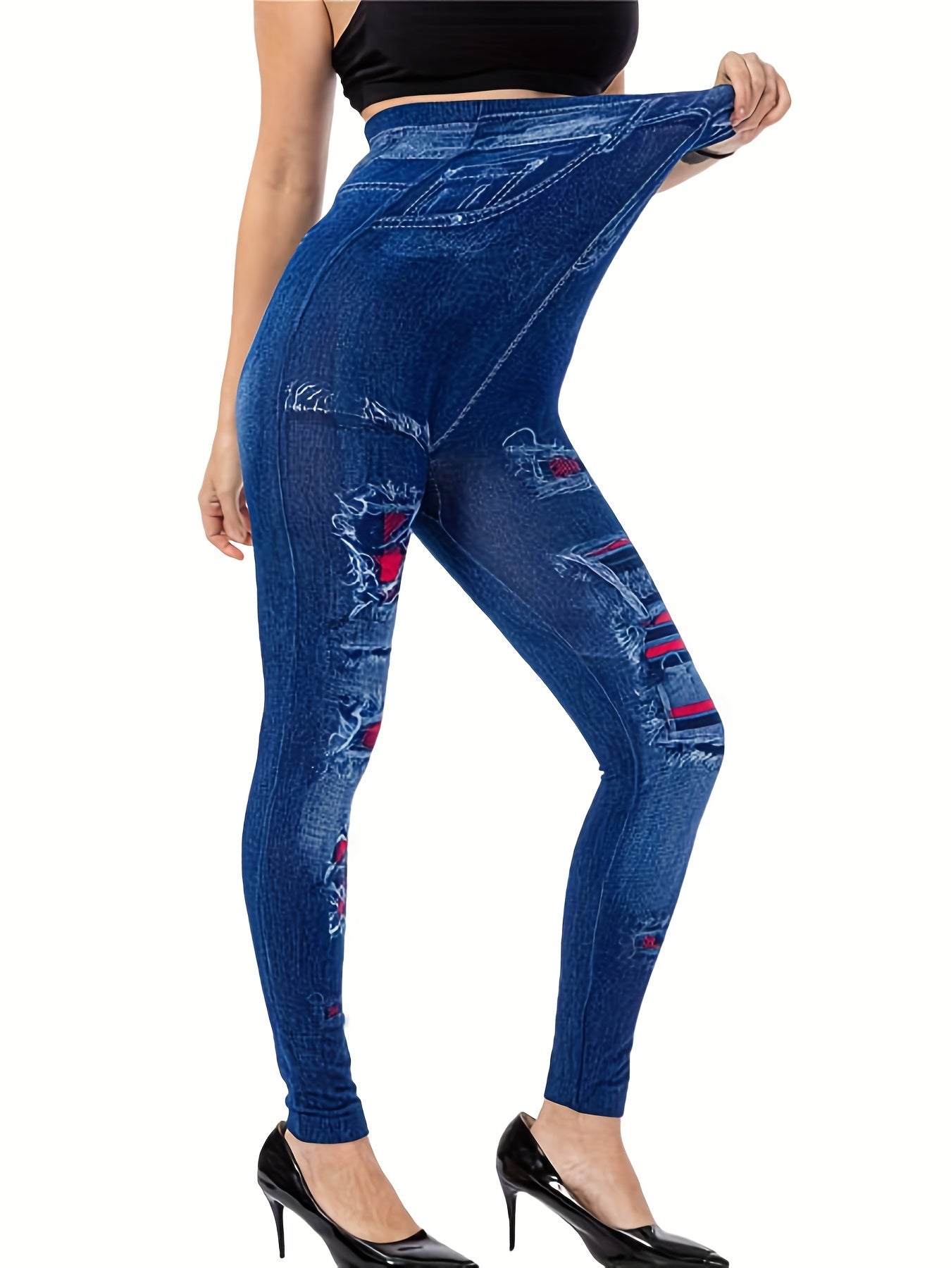 Denim & Ripped Print Leggings Casual Skinny Stretchy High Waist Leggings