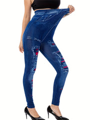 Denim & Ripped Print Leggings Casual Skinny Stretchy High Waist Leggings