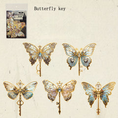 Heart Lock Key Series Pet Stickers Retro Butterfly Key Golden Diary Collage