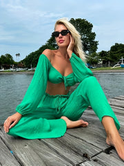 Green Tie Front 2 Piece Sun Protection Off Shoulder Top & Pants