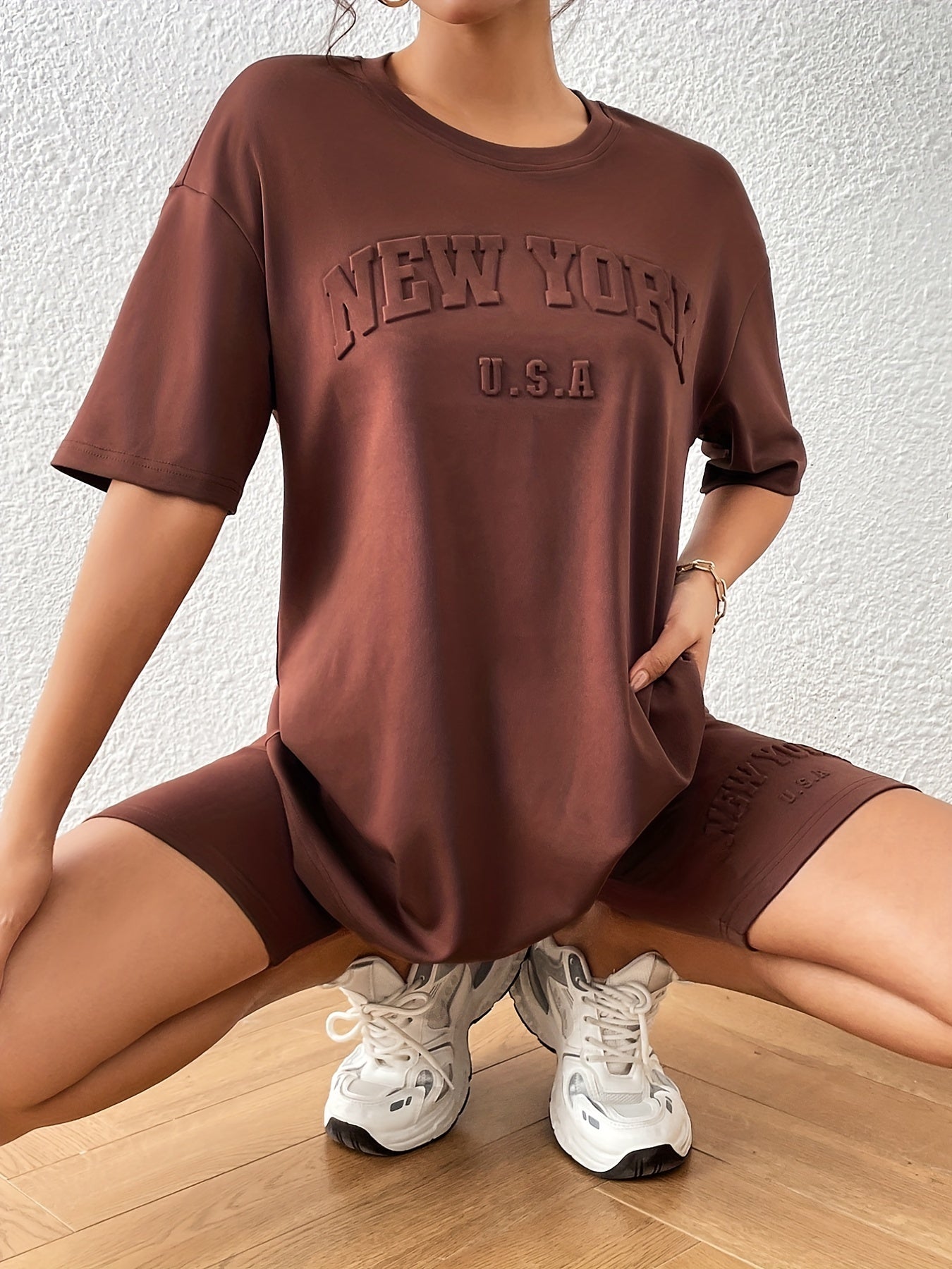 Letter Textured Two-piece Set Casual Half Sleeve T-shirt & Skinny Shorts