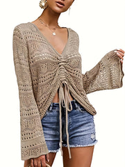 Boho V Neck Drawstring Sweater for Spring & Summer Women's Clothing