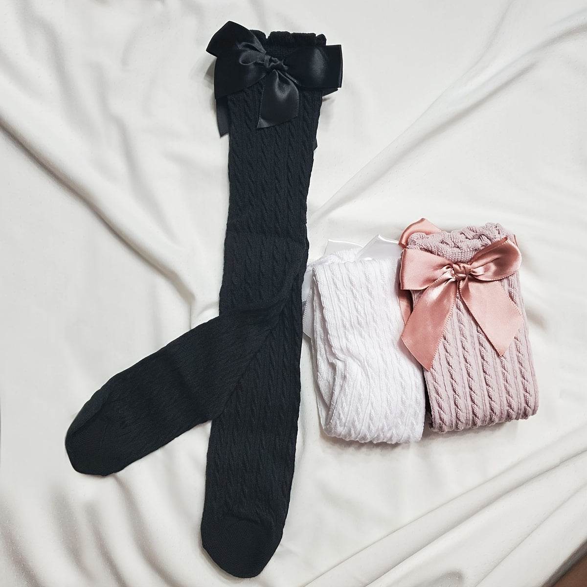 3 Pairs Girls Cable Knit Bow Knee High Socks Long Uniform Stockings