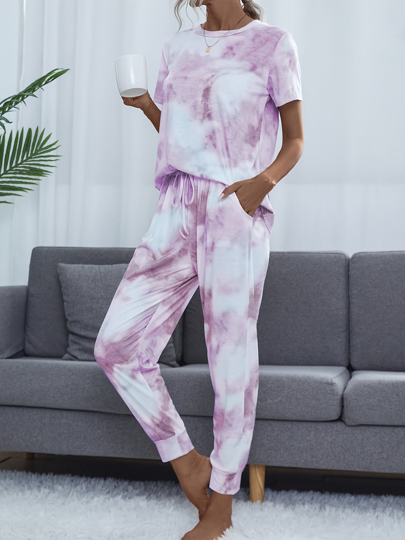 Tie Dye Lounge Set Crew Neck Top & Lace Up Pants