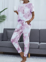 Tie Dye Lounge Set Crew Neck Top & Lace Up Pants