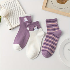 3 Pairs Bunny Print Striped Socks Women's Stockings