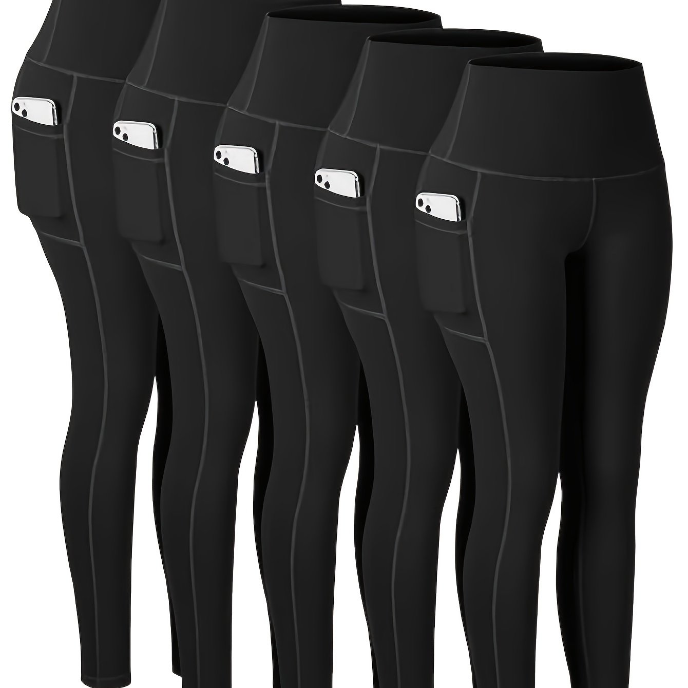 5 Pack Plus Size Sports Leggings Set Women's Plus Stitching Wide Waistband