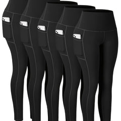 5 Pack Plus Size Sports Leggings Set Women's Plus Stitching Wide Waistband