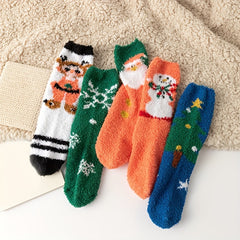5 Pairs Cartoon Fuzzy Socks Warm Christmas Mid Tube Stockings