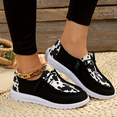 Women's Cow Graphic Patchwork Boat Shoes Lace Up Low Top Canvas Shoes