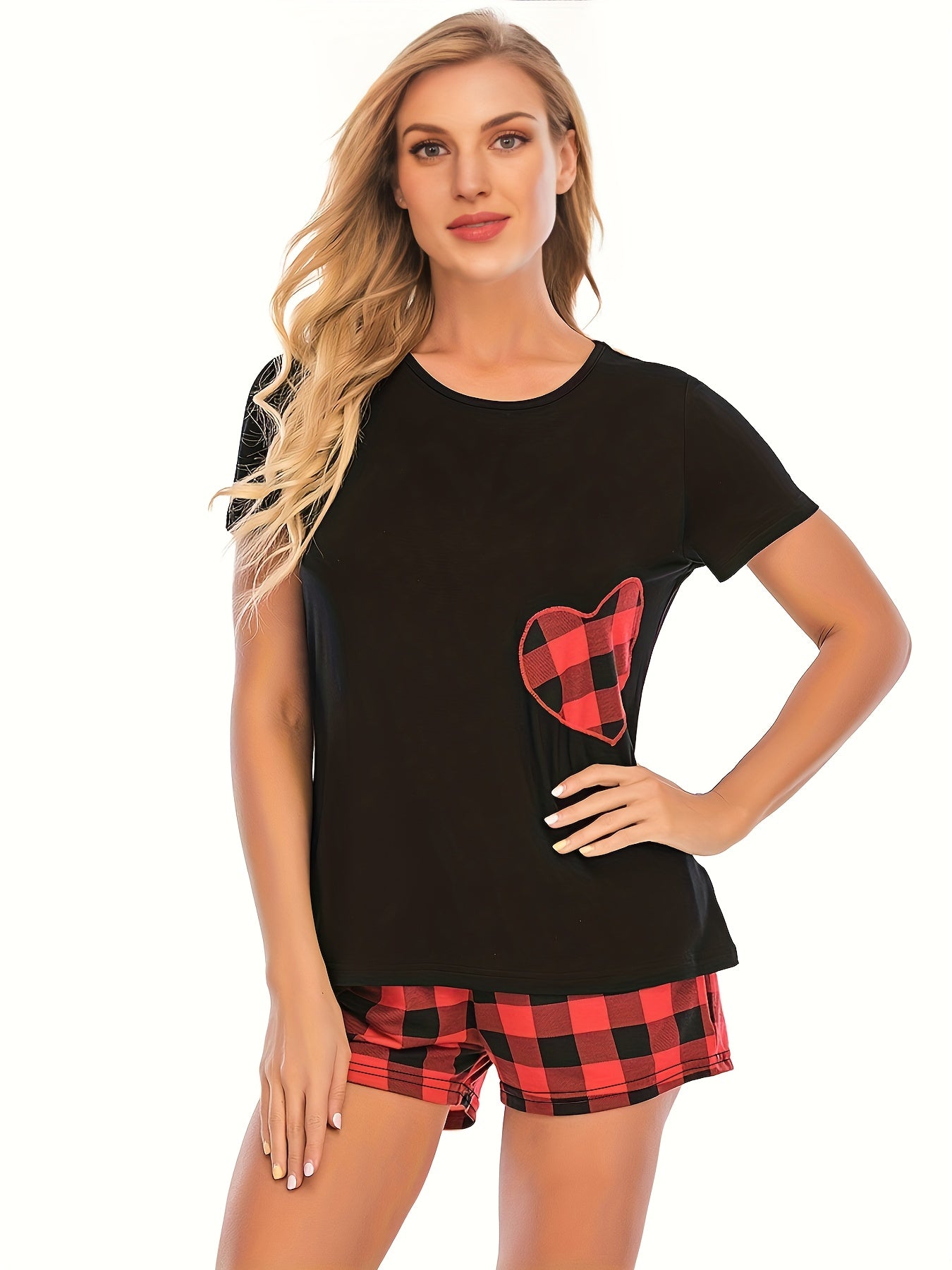 Heart Print Pajama Set Crew Neck Top & Plaid Shorts