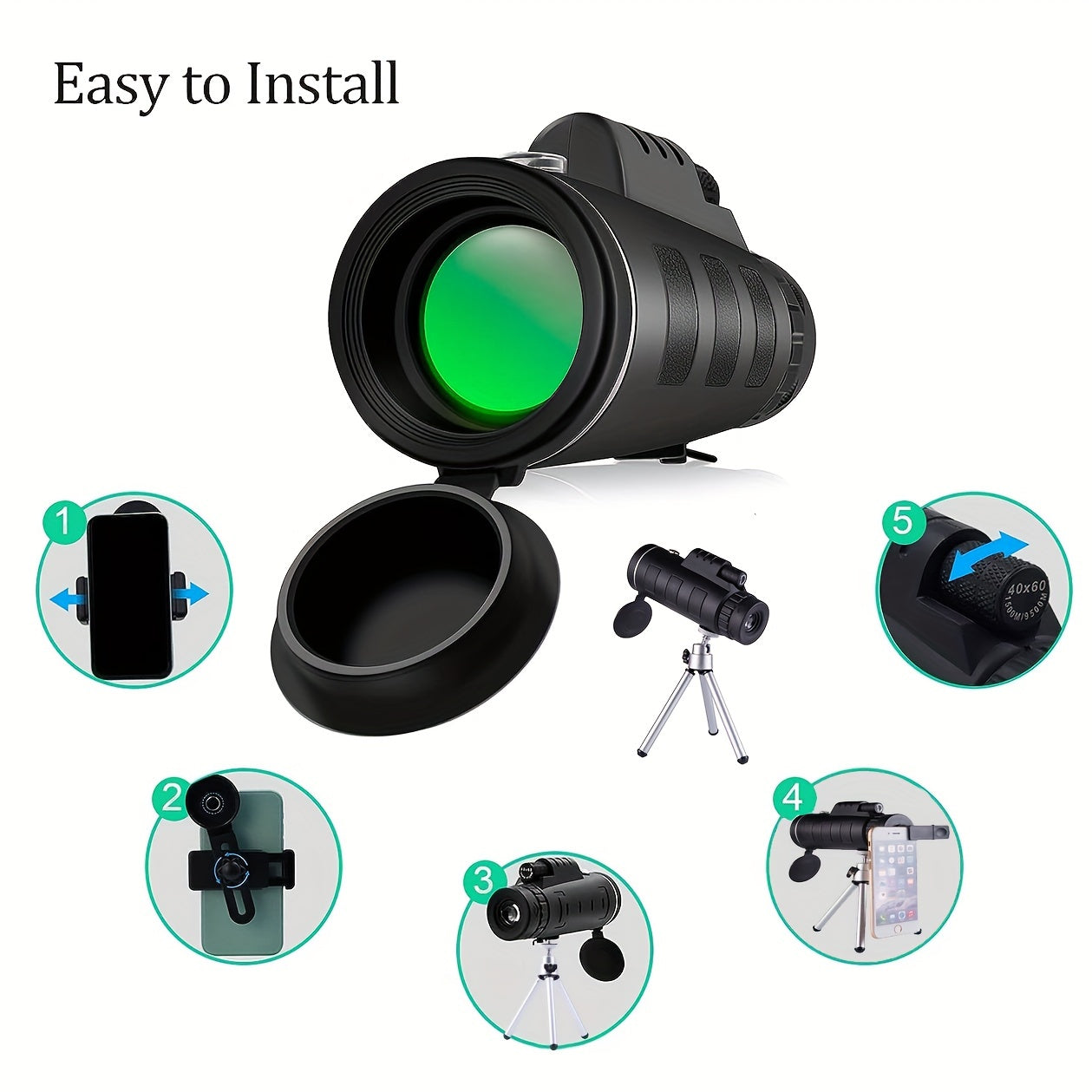 40X60 Monocular Telescope High Powered For Adults BAK4 Prism Compact Monocular
