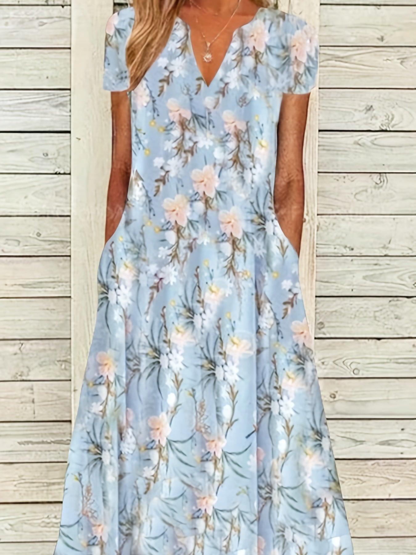 Floral Split Crew Neck Maxi Dress Short Sleeve