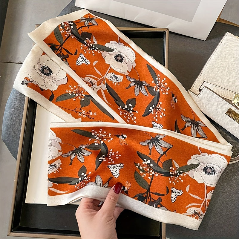 Flower Print Skinny Scarf Double Layer Silk Scarf Long Ribbon Neck Tie