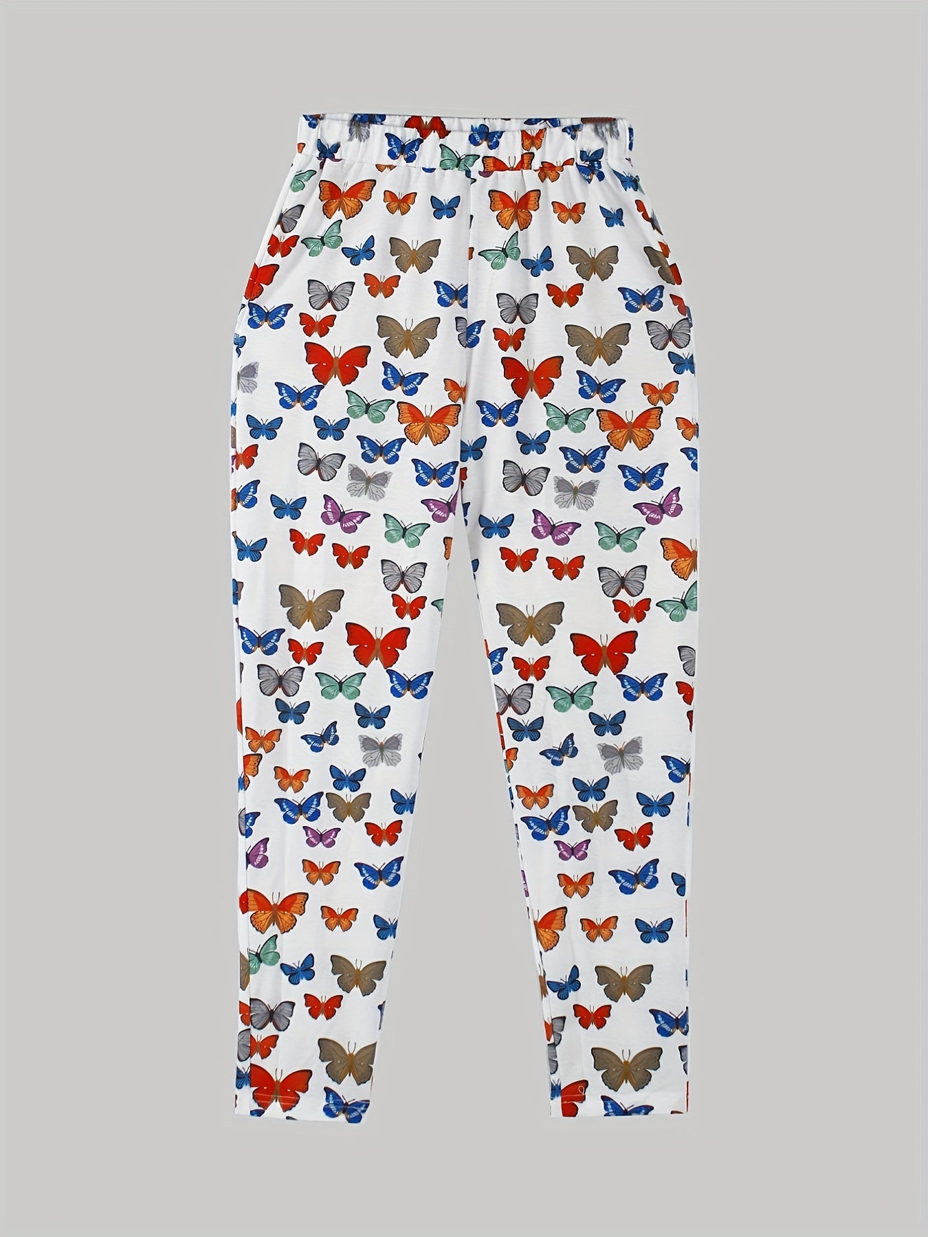 Butterflies Print Casual Two piece Set Notched Neck Crop Top & Elastic Waist Pan