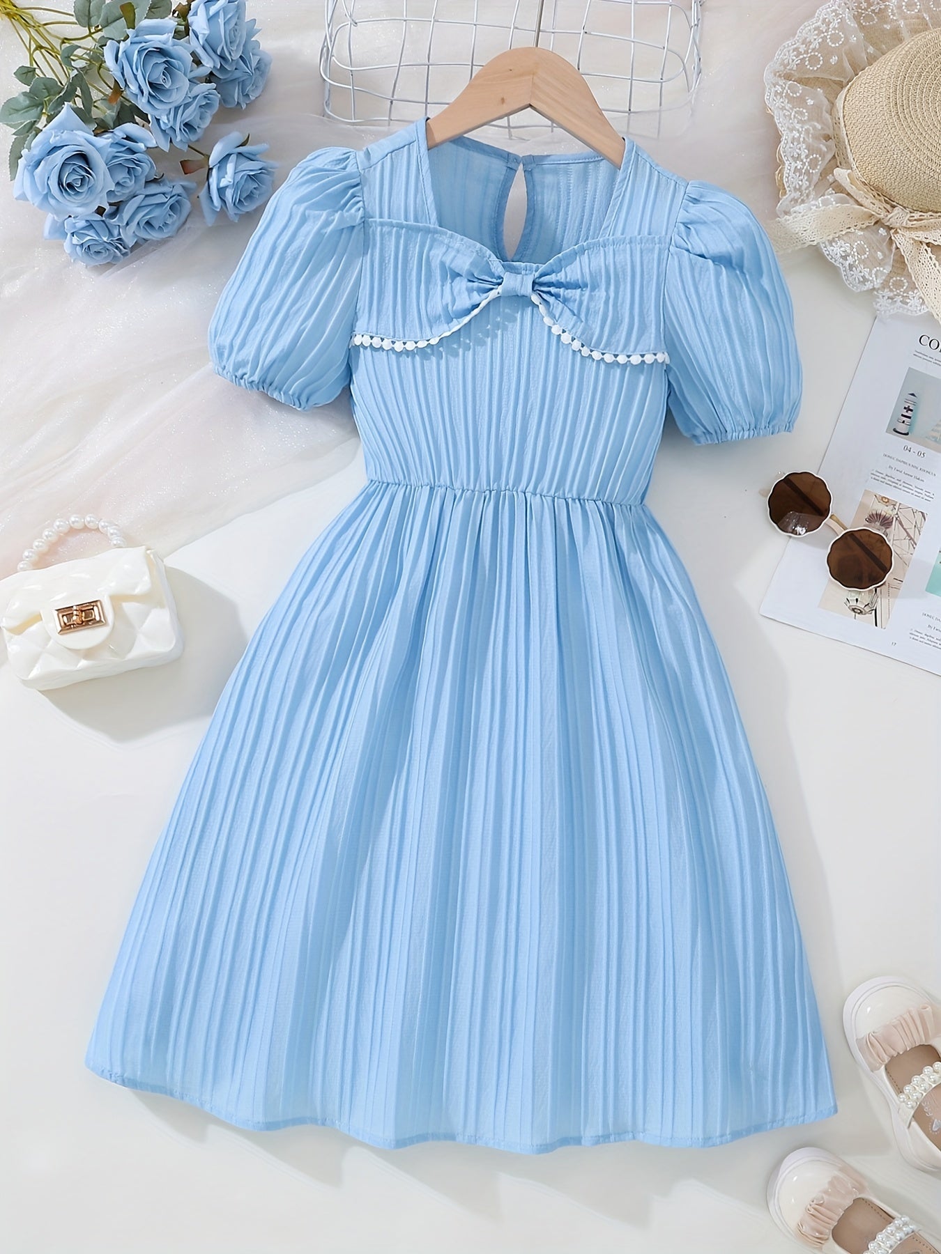 Kids Puffed Sleeve Square Neck Dress With Bow - Summer Princess
