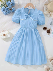 Kids Puffed Sleeve Square Neck Dress With Bow - Summer Princess