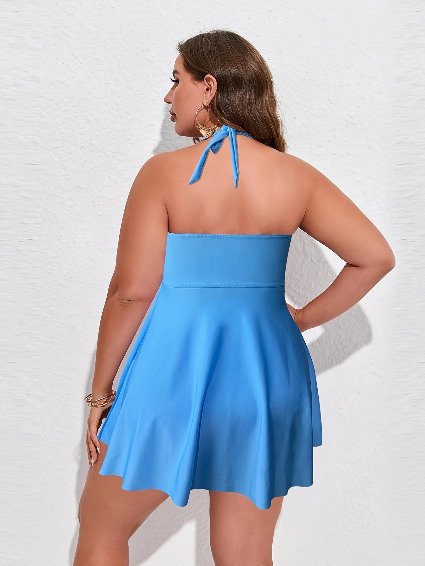 Solid Cross Front Halter Dress & Panty Swimsuit 2 Piece Set