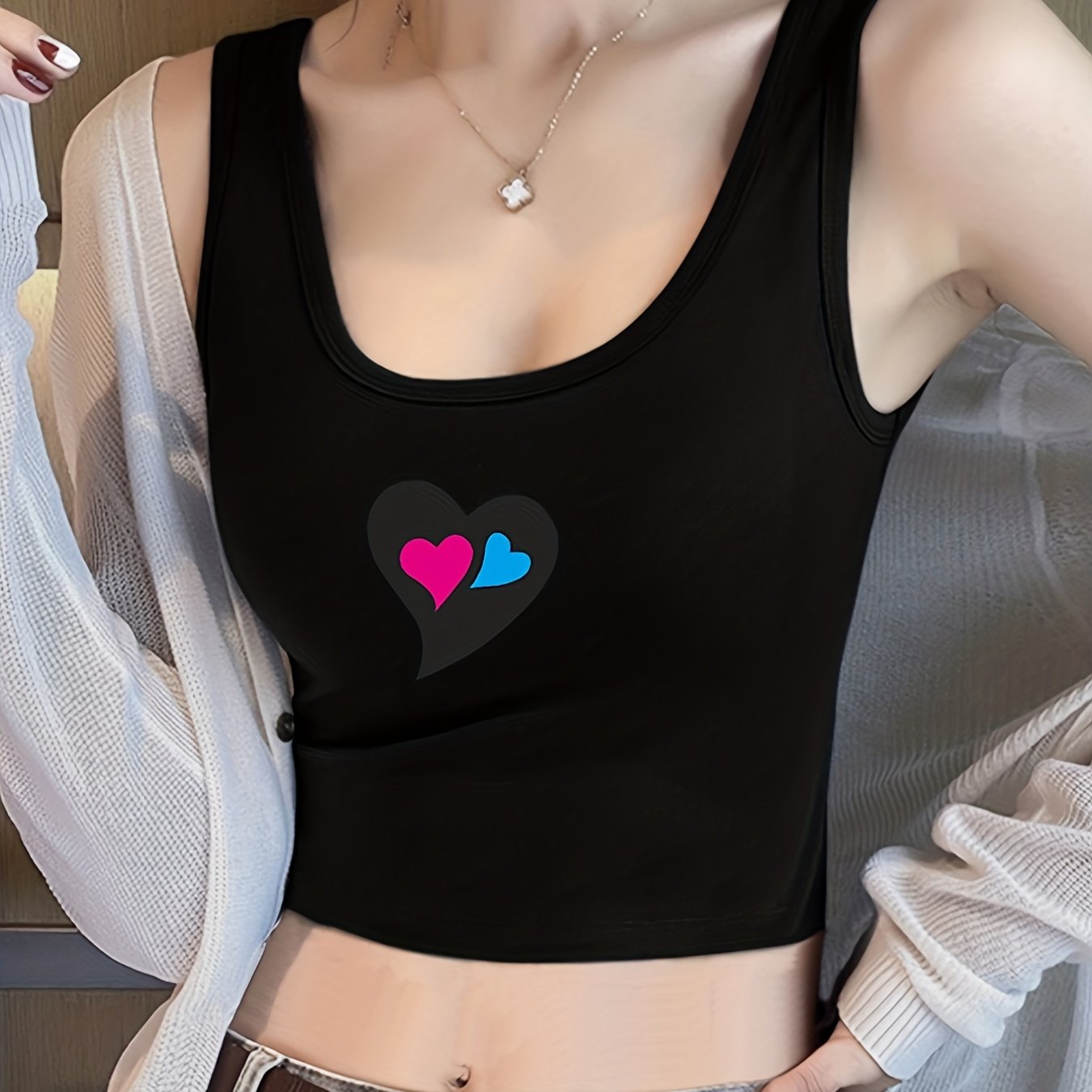 Heart Print Crop Tank Top Casual Sleeveless Tank Top